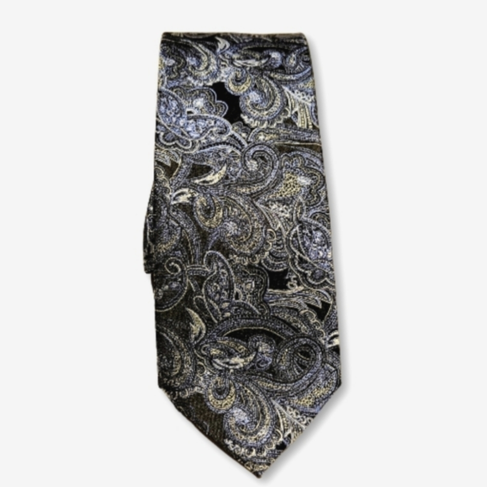 Men's Necktie Simon Carter Paisley Pattern Black, Silver and Blue Silk L…